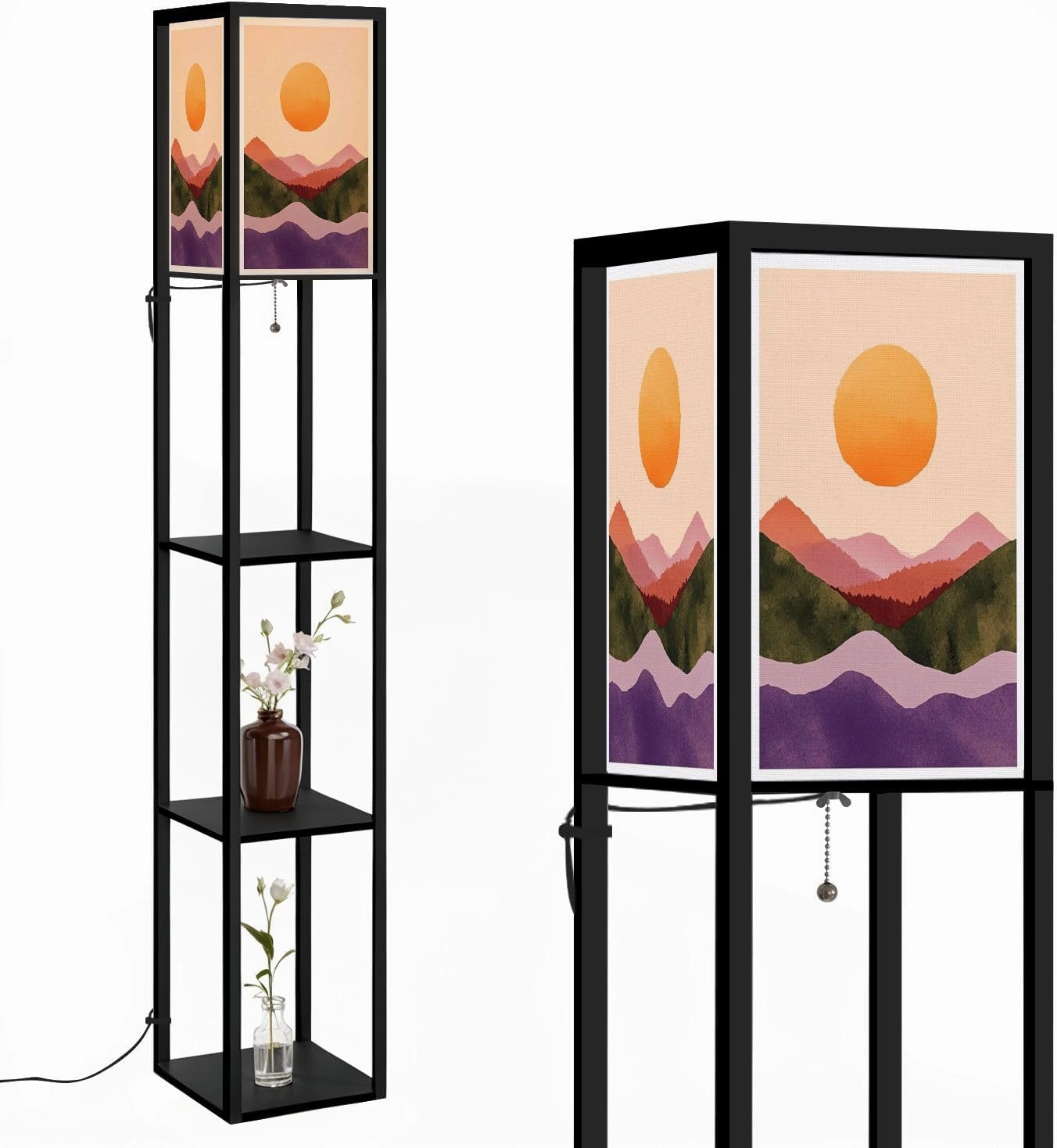 Natural Abstract Mountain Forest Hill Sun Set Mid Century Modern Floor Lamps with Shelves, Modern Standing Lamp Narrow Corner Display Bookshelf Lamp for Living Room, Bedroom, Office Decor