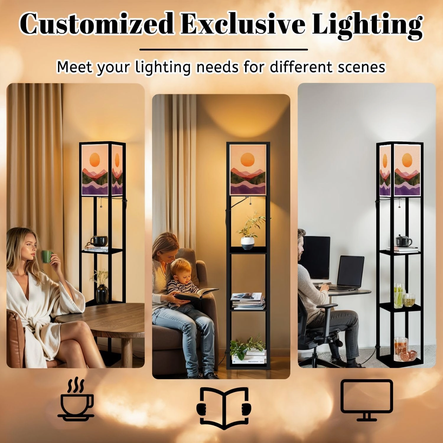 Natural Abstract Mountain Forest Hill Sun Set Mid Century Modern Floor Lamps with Shelves, Modern Standing Lamp Narrow Corner Display Bookshelf Lamp for Living Room, Bedroom, Office Decor