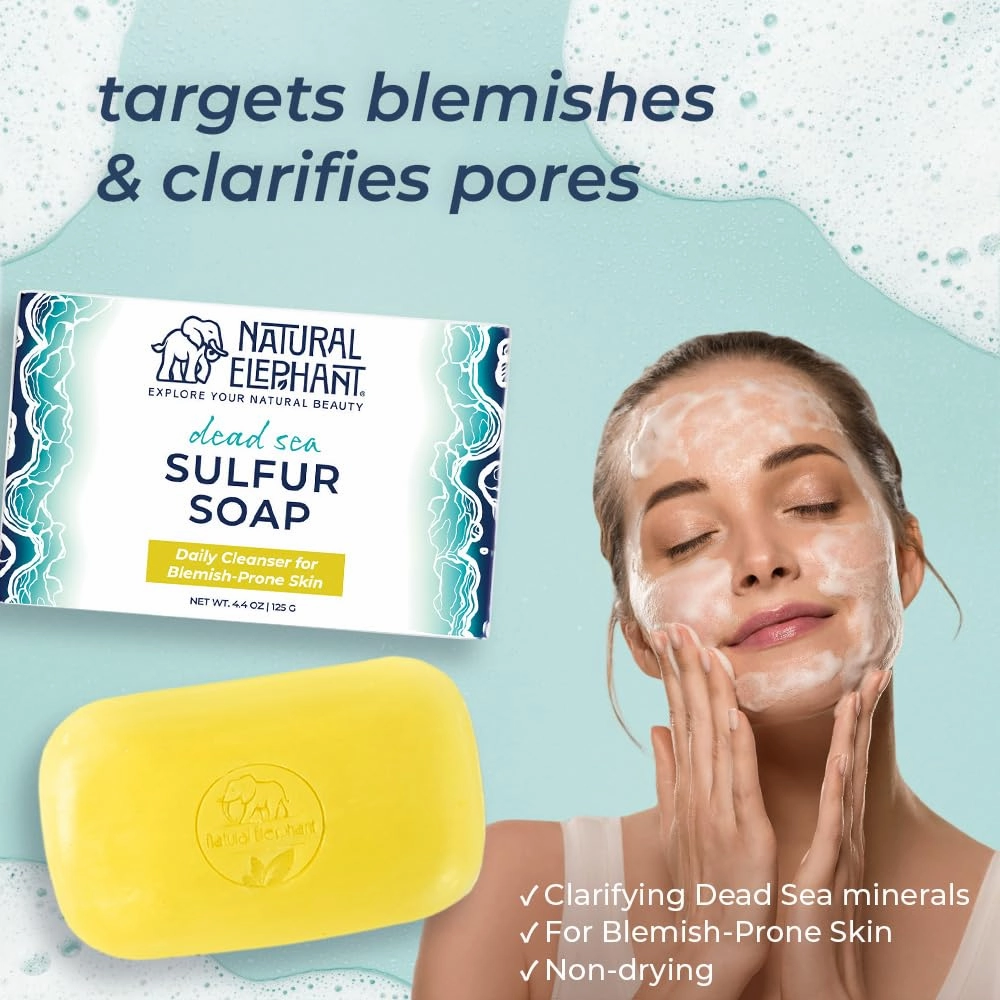 Natural Elephant Dead Sea Sulfur Soap 4.4 oz with Dead Sea Salt, Aloe Vera, Sulphur Face and Body Cleanser Bar for All Skin Types (2 Pack (2 4.4 Ounce Bars))