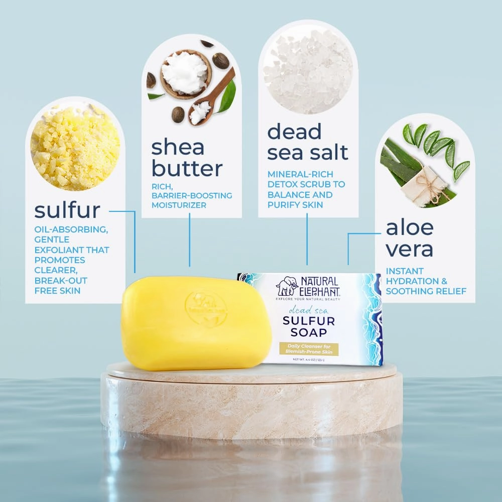 Natural Elephant Dead Sea Sulfur Soap 4.4 oz with Dead Sea Salt, Aloe Vera, Sulphur Face and Body Cleanser Bar for All Skin Types (3 Pack (13.2 oz Total))