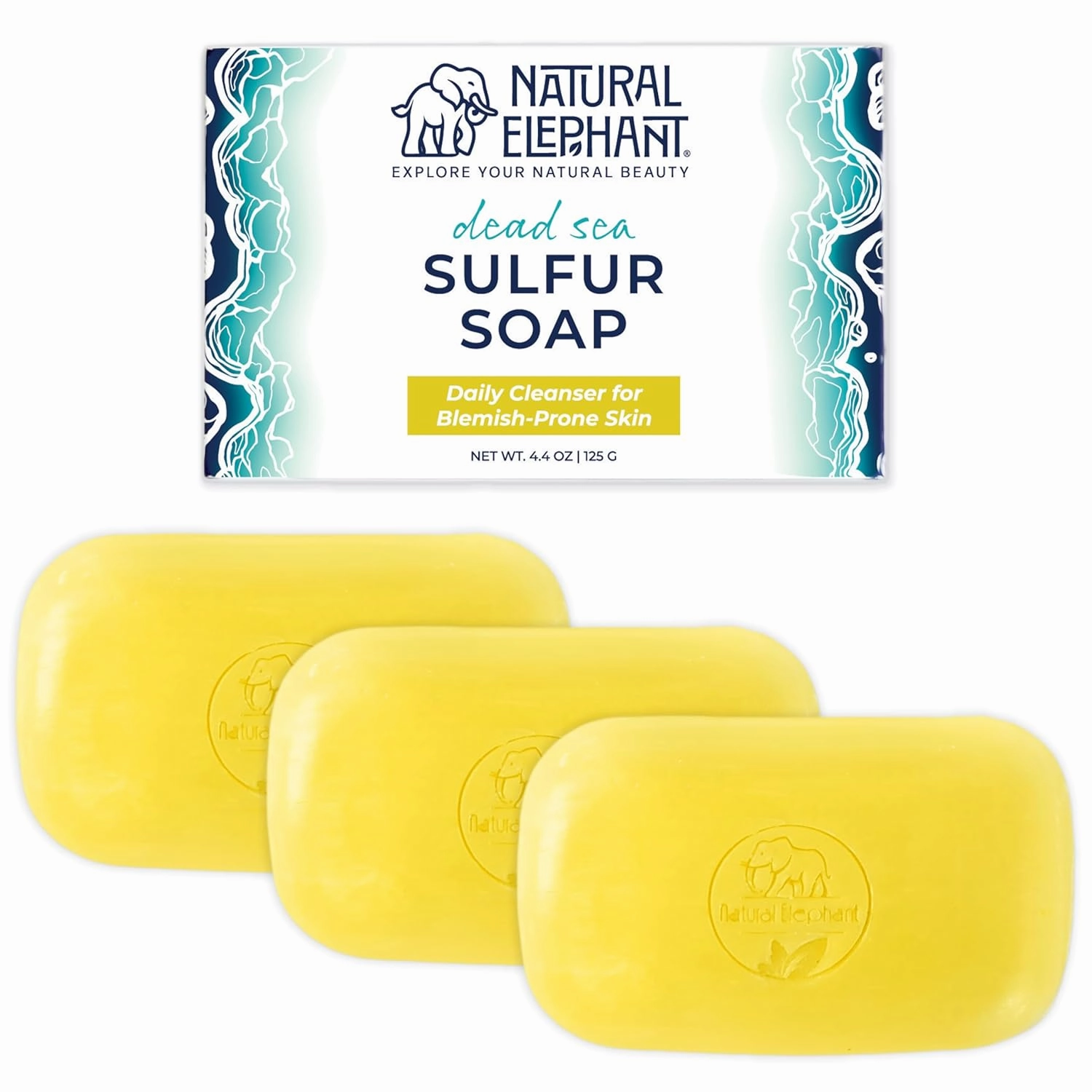 Natural Elephant Dead Sea Sulfur Soap 4.4 oz with Dead Sea Salt, Aloe Vera, Sulphur Face and Body Cleanser Bar for All Skin Types (3 Pack (13.2 oz Total))