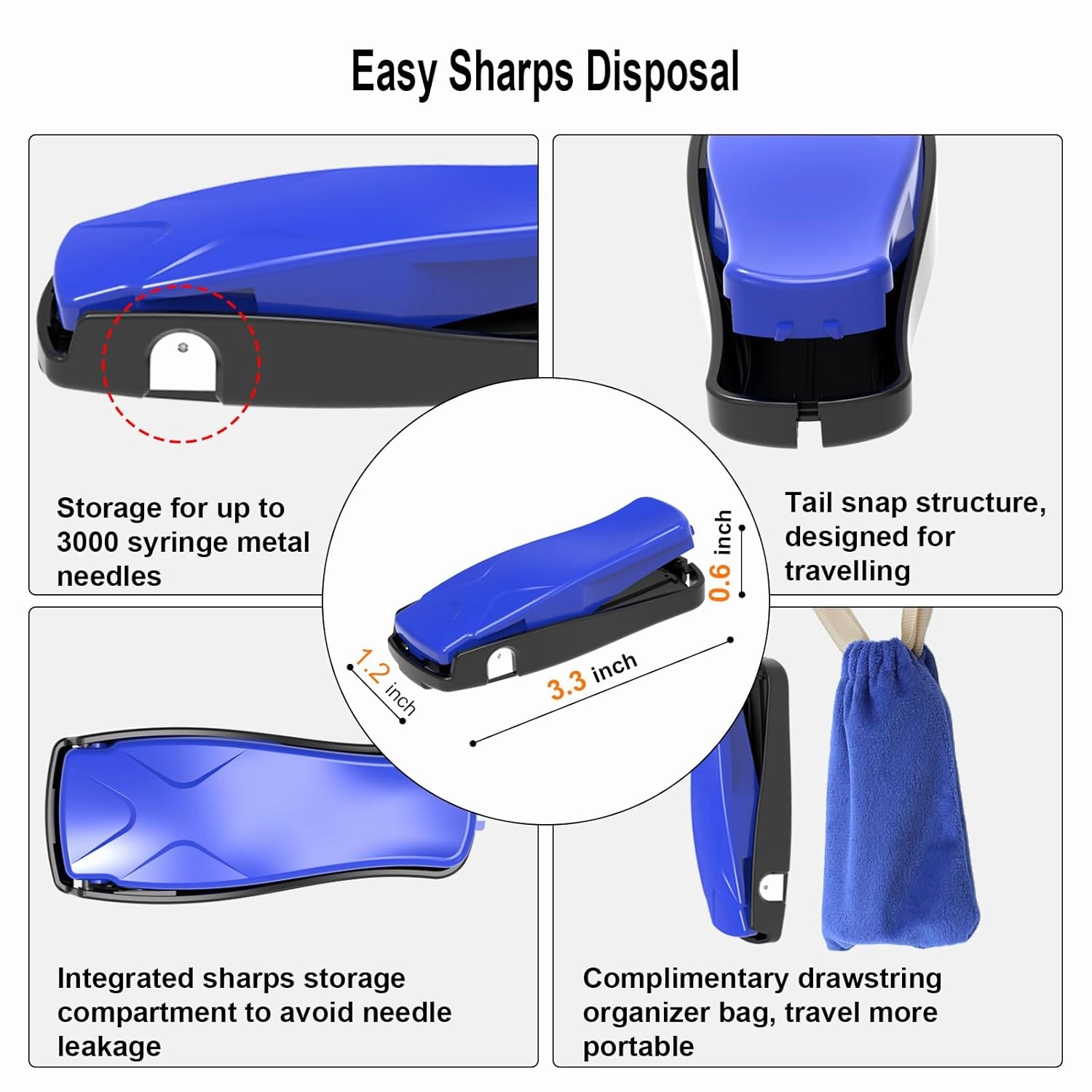 Needle Clipper for Insulin Syringe, Portable Sharps Container for Disposal Sharps, Compatible with 28-32Ga Syringe Needle, Fit Home and Travel (2, Blue)