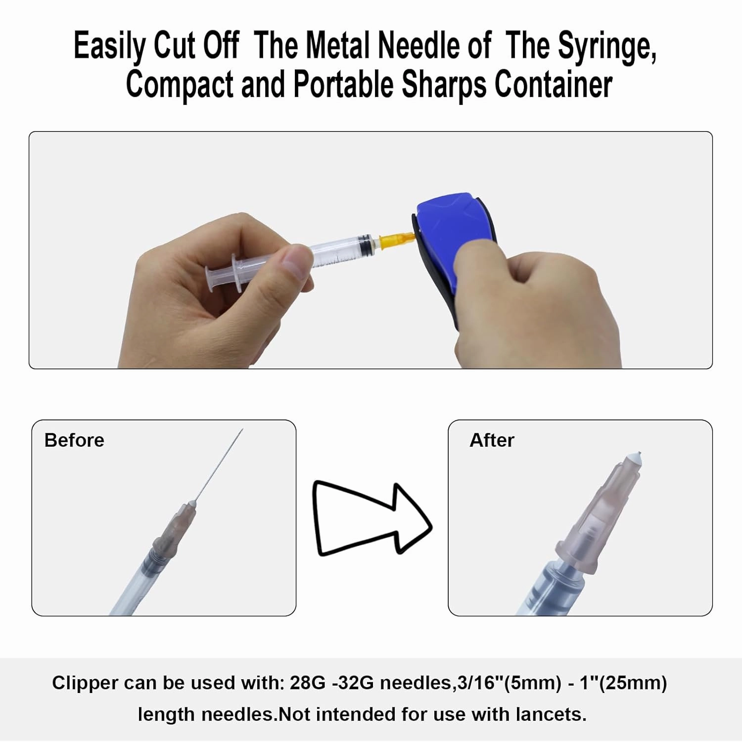 Needle Clipper for Insulin Syringe, Portable Sharps Container for Disposal Sharps, Compatible with 28-32Ga Syringe Needle, Fit Home and Travel (2, Blue)