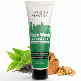 Nourish Mantra Green Tea Tatva Face Wash | With Green Tea, Walnut Powder & Niacinamide| For All Skin Types | 2-in-1 Exfoliator & Face Cleanser | Paraben & SLSSLES Free - 100 ml