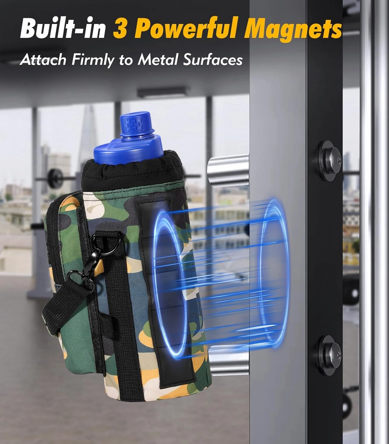 Nuovoware Magnetic Gym Bag Water Bottle Carrier Holder with Adjustable Shoulder Strap, 40oz Magnets Magnetic Gym Bag Bottle Pouch Sling, 2 Pocket Sling Neoprene Organizer Sleeve, Camouflage Green