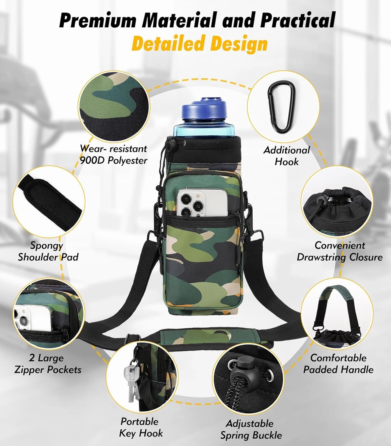 Nuovoware Magnetic Gym Bag Water Bottle Carrier Holder with Adjustable Shoulder Strap, 40oz Magnets Magnetic Gym Bag Bottle Pouch Sling, 2 Pocket Sling Neoprene Organizer Sleeve, Camouflage Green