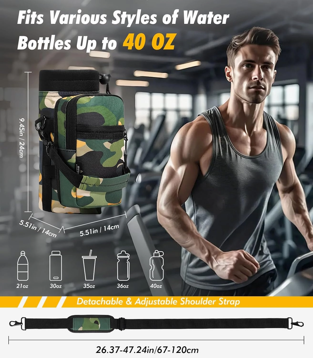 Nuovoware Magnetic Gym Bag Water Bottle Carrier Holder with Adjustable Shoulder Strap, 40oz Magnets Magnetic Gym Bag Bottle Pouch Sling, 2 Pocket Sling Neoprene Organizer Sleeve, Camouflage Green