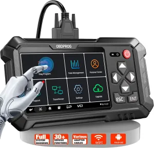 OBDPROG Moto 100 Motorcycle Diagnostic Tool, Full System Motorcycle OBD2 Scanner for Harley Honda Yamaha Victory Indian Polaris Brp, 30  Services Reset, 5.0 Touch Screen