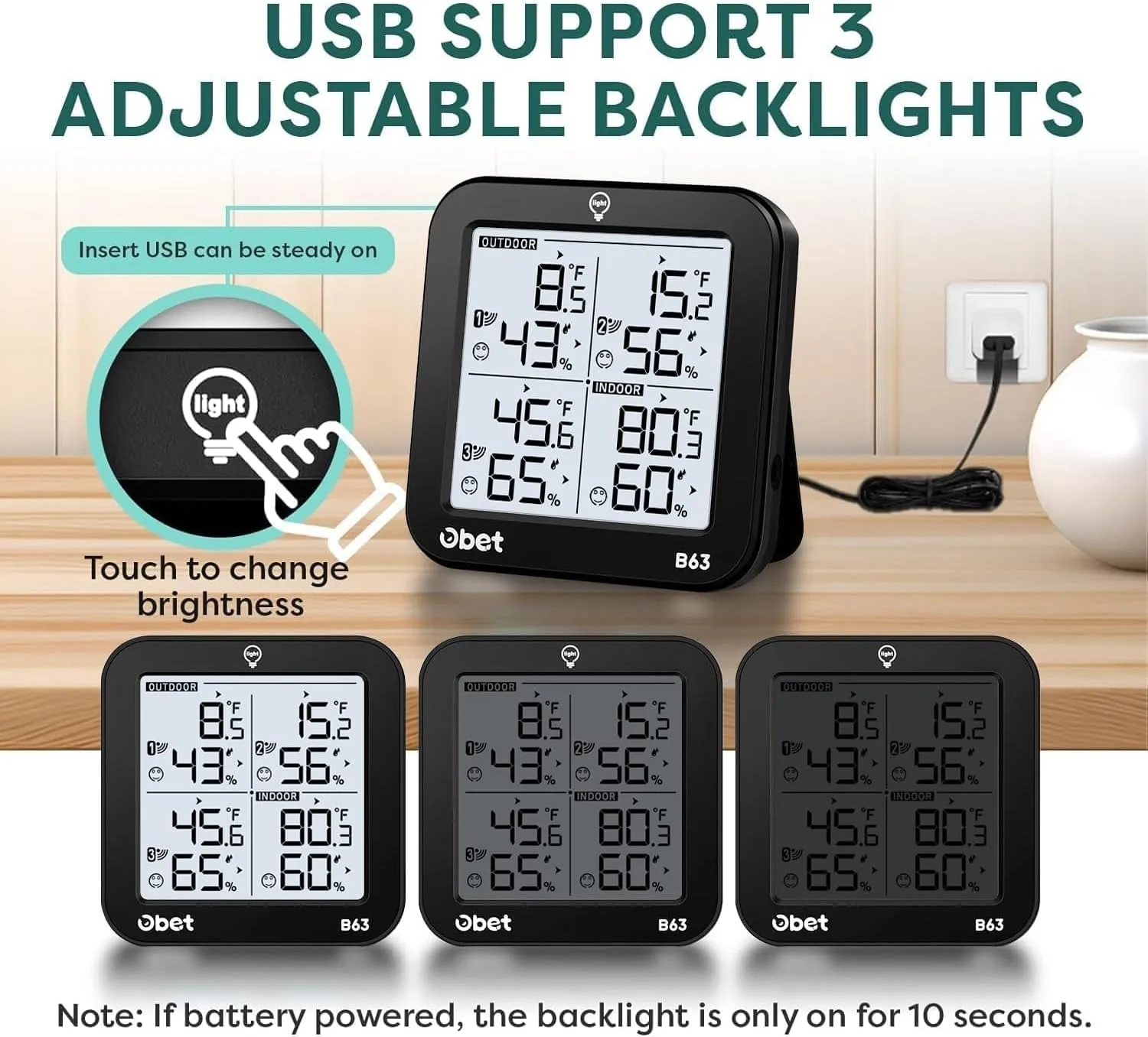 OBET Weather Stations Wireless Indoor Outdoor Thermometer and Humidity Monitor 500ft Range with 3 Remote Sensors and Adjustable Backlight After-Sale Protection