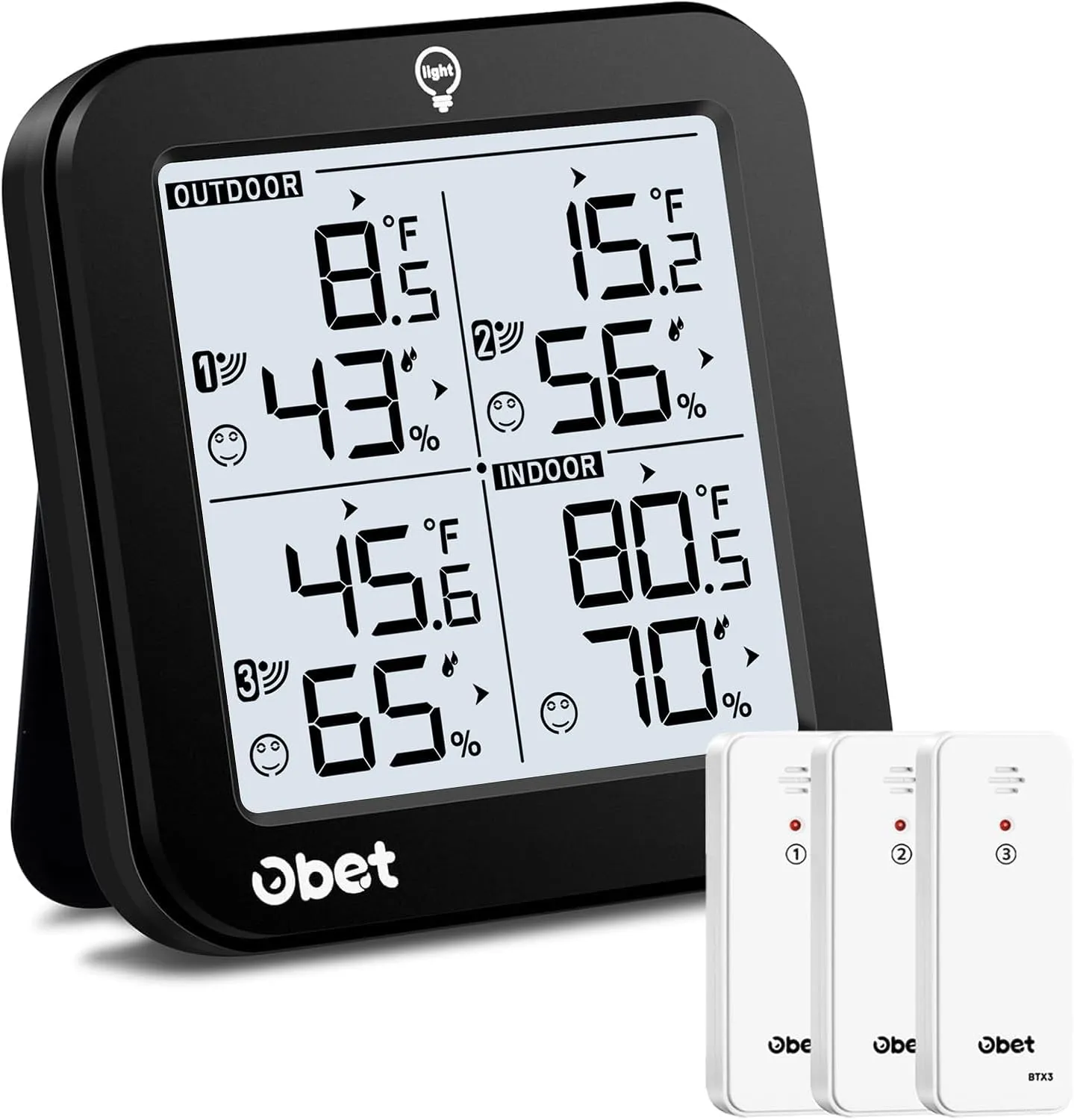 OBET Weather Stations Wireless Indoor Outdoor Thermometer and Humidity Monitor 500ft Range with 3 Remote Sensors and Adjustable Backlight After-Sale Protection
