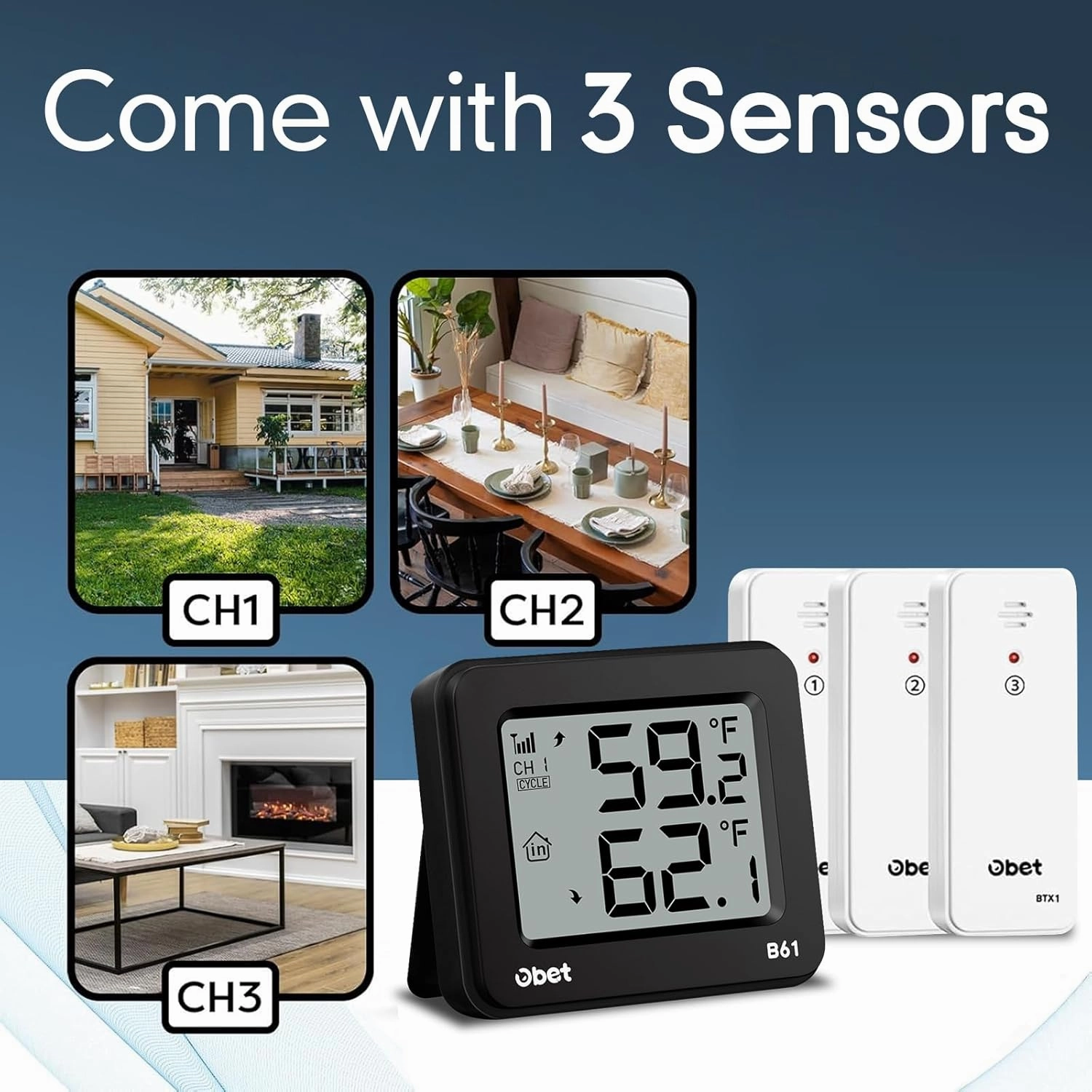 OBET Indoor Outdoor Thermometer Wireless with 3 Sensors Digital Thermometer 500Ft Remote Temperature Monitor for House Home Room Patio