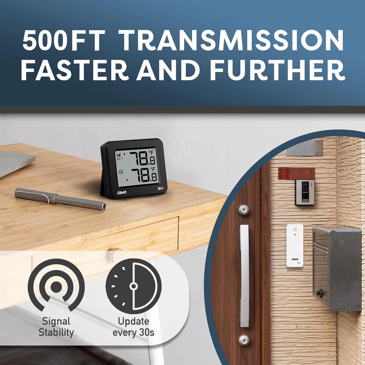 OBET Indoor Outdoor Thermometer Wireless with 3 Sensors Digital Thermometer 500Ft Remote Temperature Monitor for House Home Room Patio