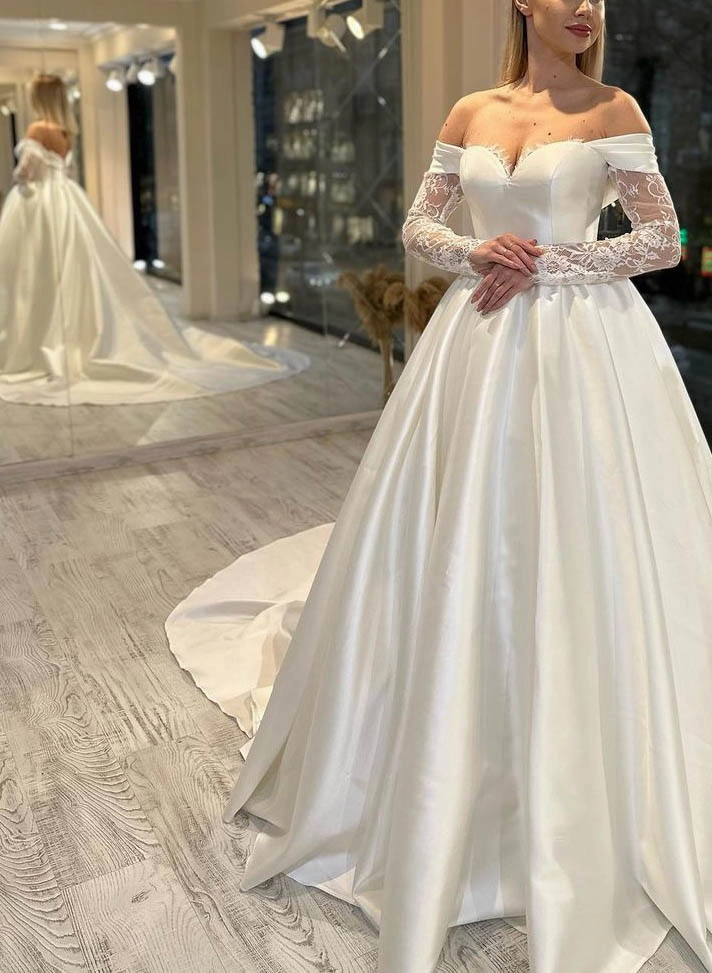 Off The Shoulder Ball Gown Satin Wedding Dress with Long Sleeves