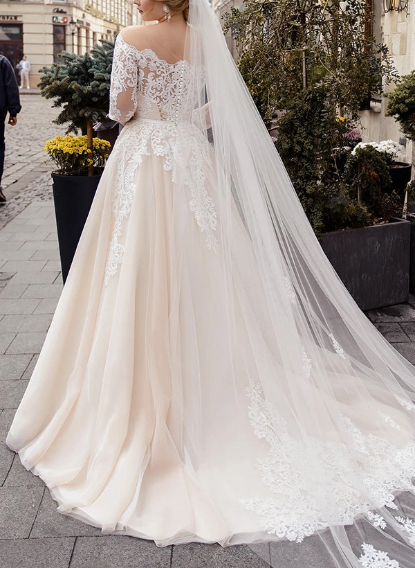 Off The Shoulder Long Sleeves Ball Gown Wedding Dress With Boho Lace/Tulle