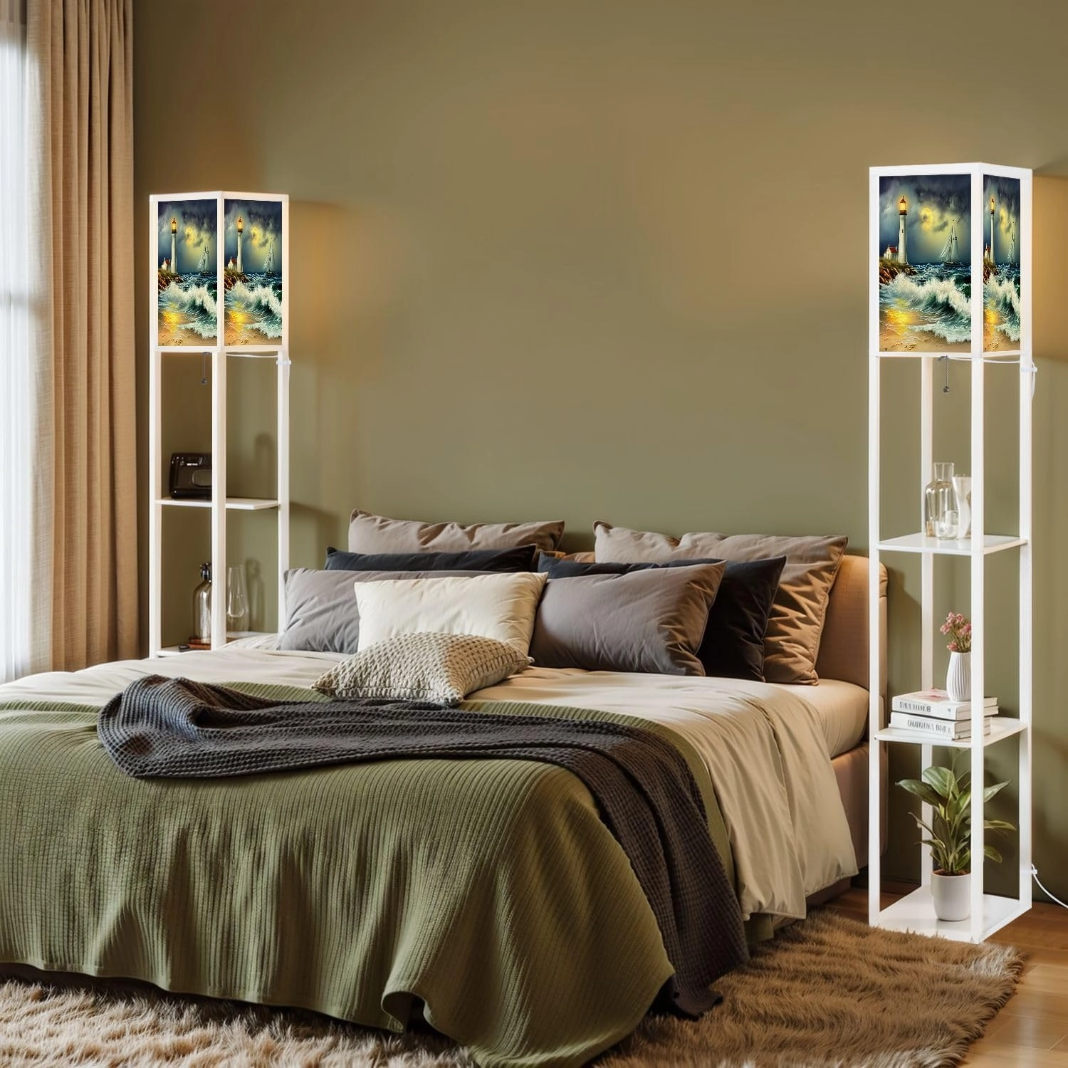Oil Paintings sea Landscape Lighthouse Beach Floor Lamps with Shelves, Modern Standing Lamp Narrow Corner Display Bookshelf Lamp for Living Room, Bedroom, Office Decor