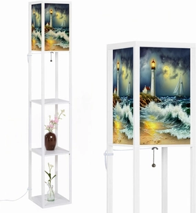 Oil Paintings sea Landscape Lighthouse Beach Floor Lamps with Shelves, Modern Standing Lamp Narrow Corner Display Bookshelf Lamp for Living Room, Bedroom, Office Decor