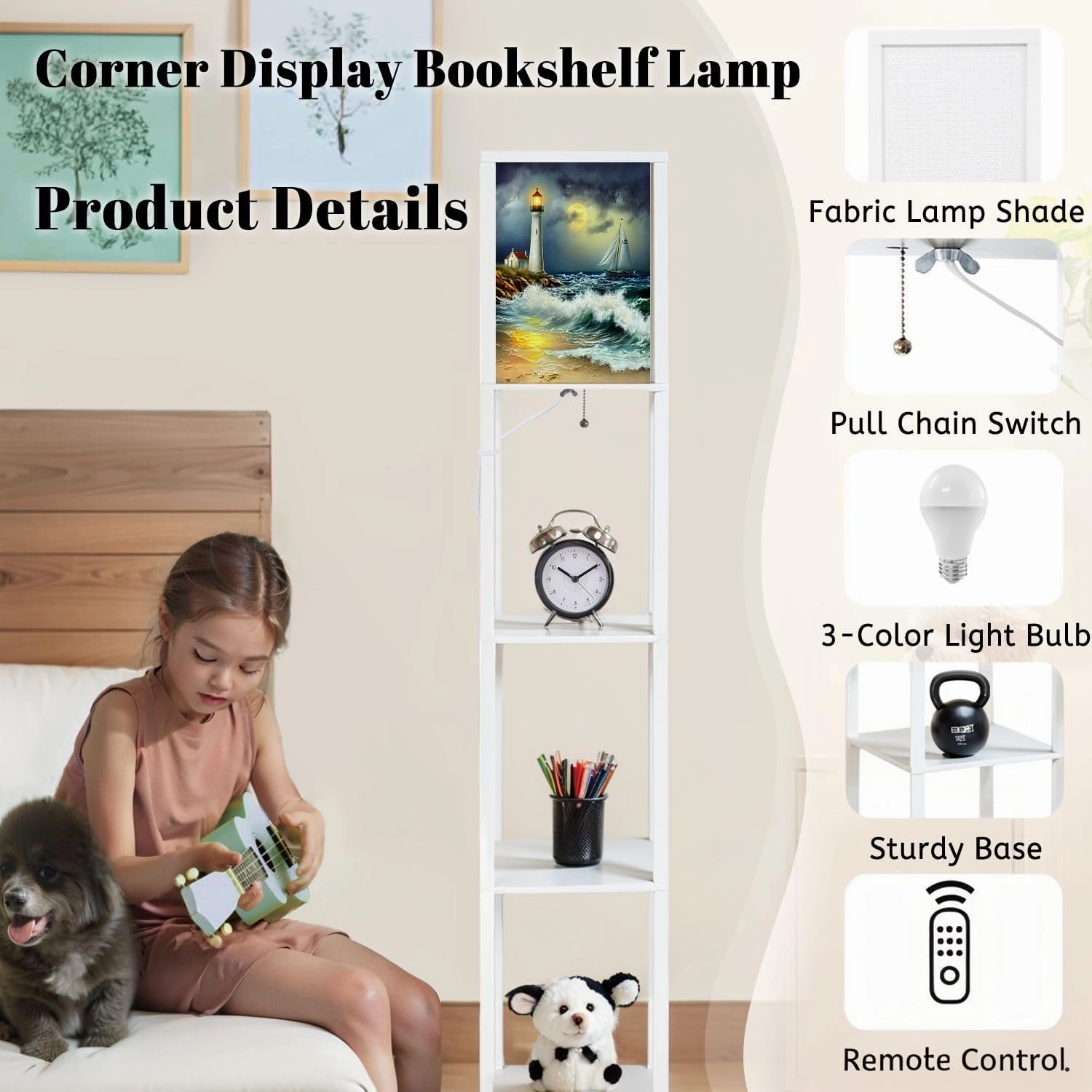 Oil Paintings sea Landscape Lighthouse Beach Floor Lamps with Shelves, Modern Standing Lamp Narrow Corner Display Bookshelf Lamp for Living Room, Bedroom, Office Decor