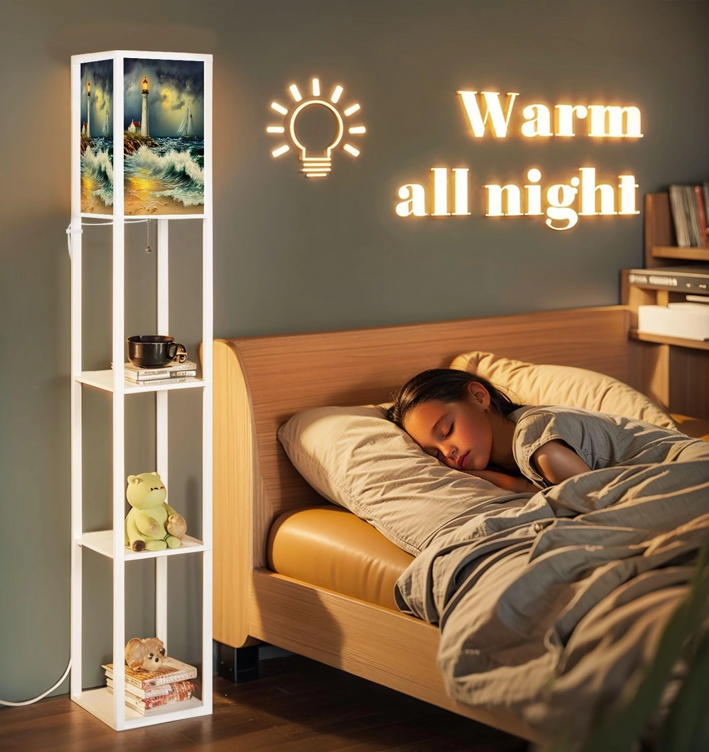 Oil Paintings sea Landscape Lighthouse Beach Floor Lamps with Shelves, Modern Standing Lamp Narrow Corner Display Bookshelf Lamp for Living Room, Bedroom, Office Decor