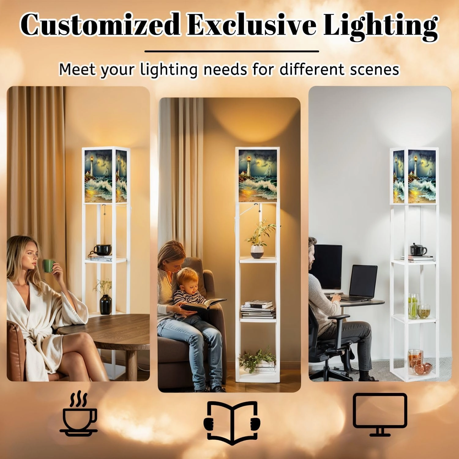Oil Paintings sea Landscape Lighthouse Beach Floor Lamps with Shelves, Modern Standing Lamp Narrow Corner Display Bookshelf Lamp for Living Room, Bedroom, Office Decor