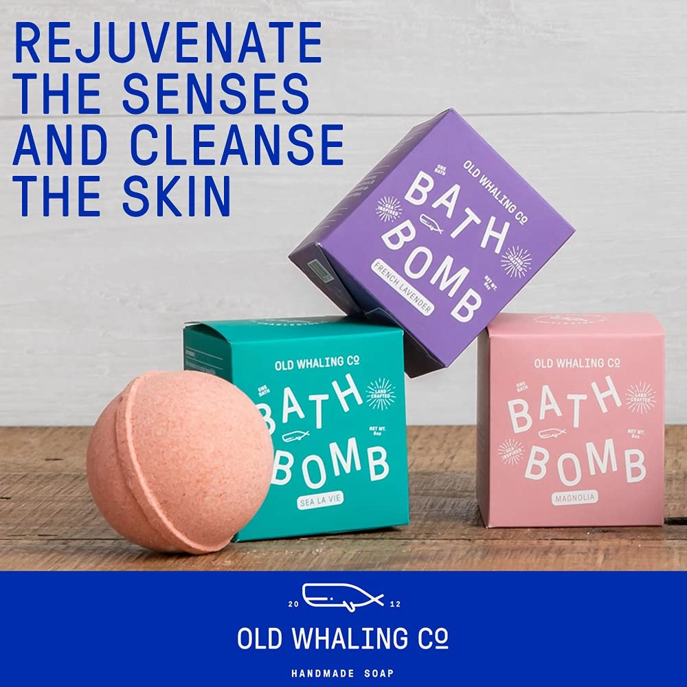Old Whaling Co Coastal Calm Bath Bomb – Set of 4 – Handmade Bath Soak with Epsom Salts – Cleansing, Soothing and Moisturizing Fizz – Coastal Grass, Driftwood and Lily Scent, 8 oz