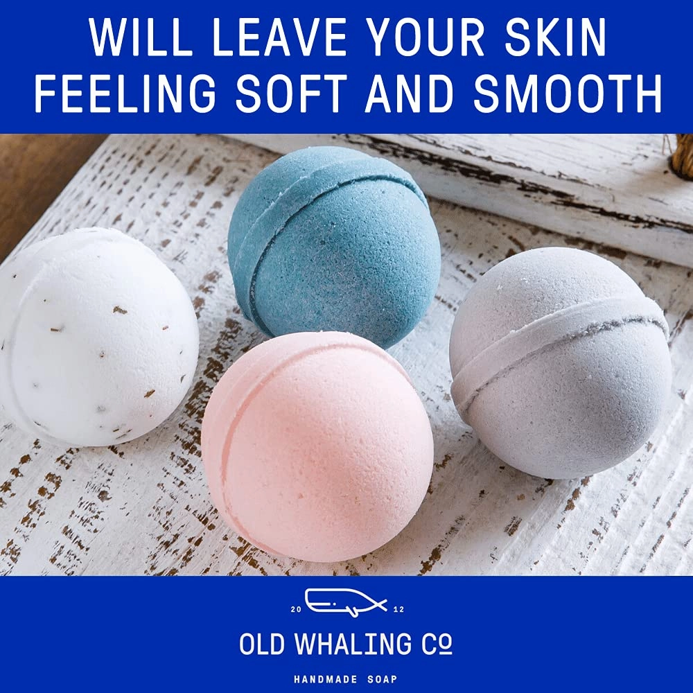 Old Whaling Co French Lavender Bath Bomb – Set of 4 – Handmade Bath Soak with Epsom Salts – Cleansing, Soothing and Moisturizing Fizz – Lavender, Mountain Heather and Rose Scent, 8 oz