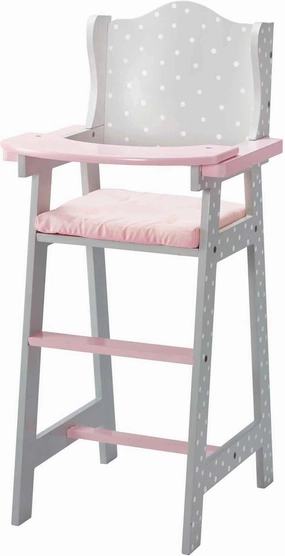 Olivia's Little World Doll High Chair for Baby Dolls, Wooden Doll Play Furniture with Pastel Polka Dot Princess Print & Fabric Seat for 16" to 18" Dolls, Gray/Pink