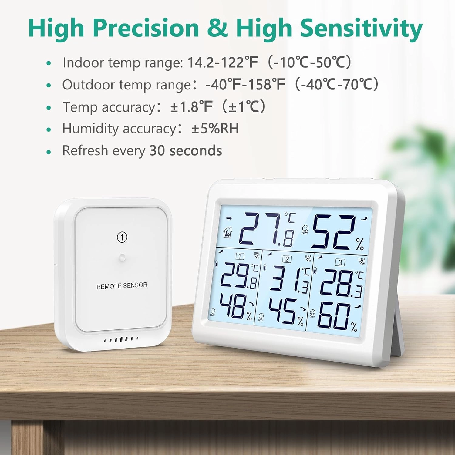 ORIA Indoor Outdoor Thermometer, Digital Hygrometer Thermometer, Wireless Temperature and Humidity Gauge Monitor with 3 Sensors, LCD Backlight for Home, Office, Bedroom, White