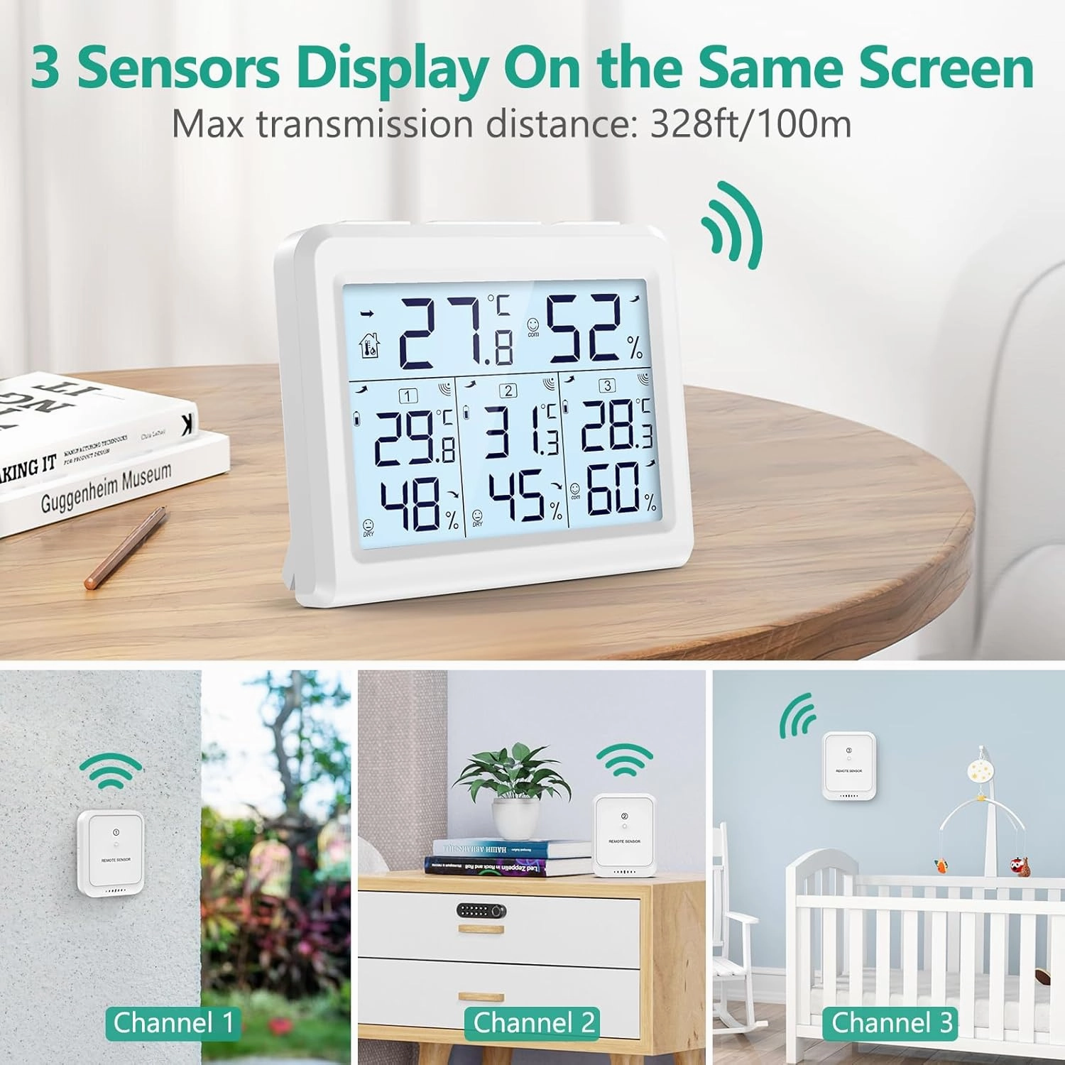 ORIA Indoor Outdoor Thermometer, Digital Hygrometer Thermometer, Wireless Temperature and Humidity Gauge Monitor with 3 Sensors, LCD Backlight for Home, Office, Bedroom, White