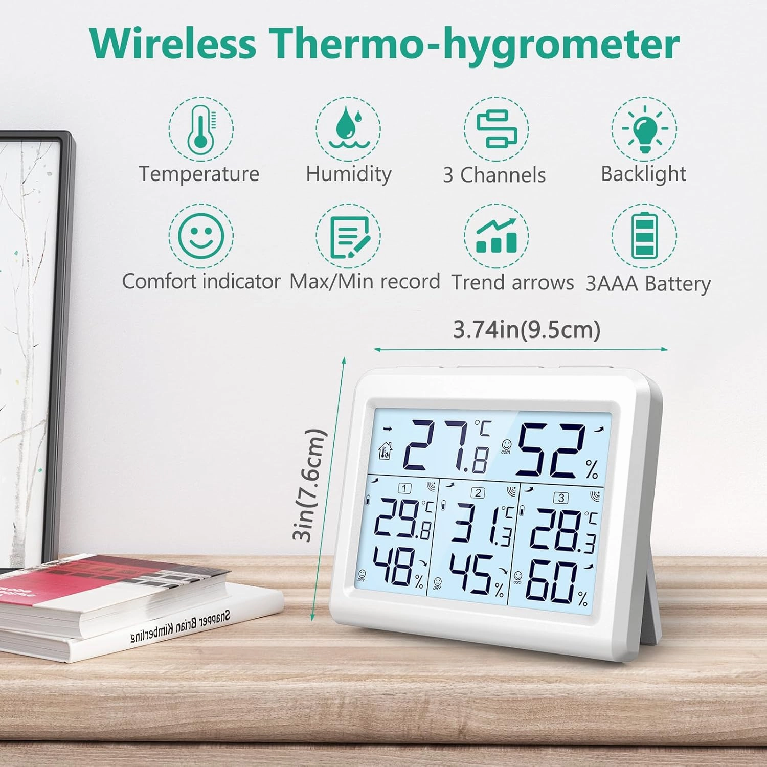 ORIA Indoor Outdoor Thermometer, Digital Hygrometer Thermometer, Wireless Temperature and Humidity Gauge Monitor with 3 Sensors, LCD Backlight for Home, Office, Bedroom, White