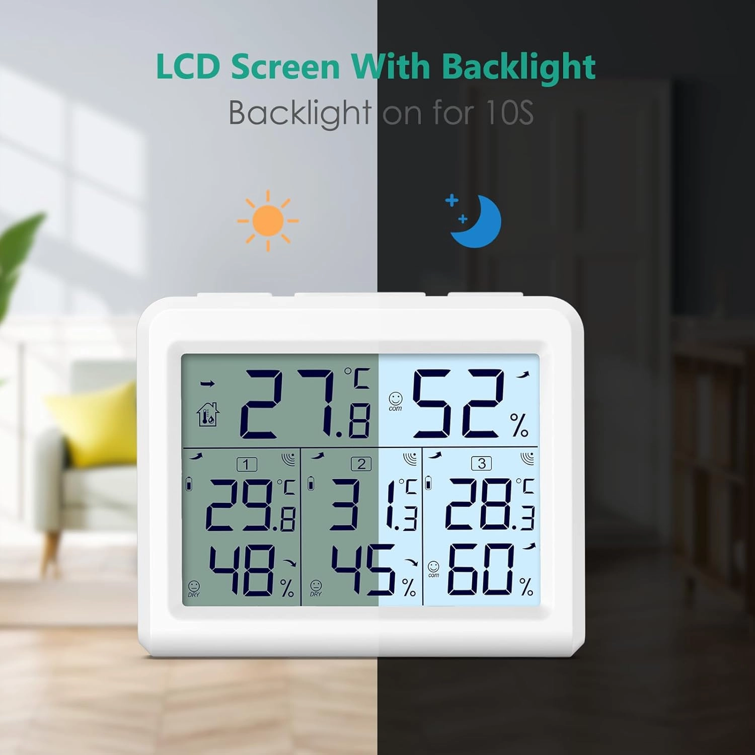 ORIA Indoor Outdoor Thermometer, Digital Hygrometer Thermometer, Wireless Temperature and Humidity Gauge Monitor with 3 Sensors, LCD Backlight for Home, Office, Bedroom, White
