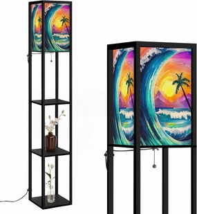 Original oil Multicolored landscape Wave landscape palm trees Pink Floor Lamps with Shelves, Modern Standing Lamp Narrow Corner Display Bookshelf Lamp for Living Room, Bedroom, Office Decor