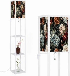 Ornate Seamless Pattern Vintage Peonies Roses Chrysanthemums Floor Lamps with Shelves, Modern Standing Lamp Narrow Corner Display Bookshelf Lamp for Living Room, Bedroom, Office Decor