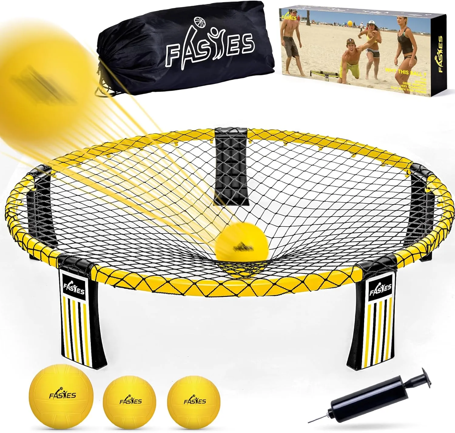Outdoor Beach Ball Game Includes 3 Balls, Net and Carrying Bag -Roundnet Game Set for Adults, Kids, and Family - Perfect for Beach, Yard, Lawn, Backyard, and Park