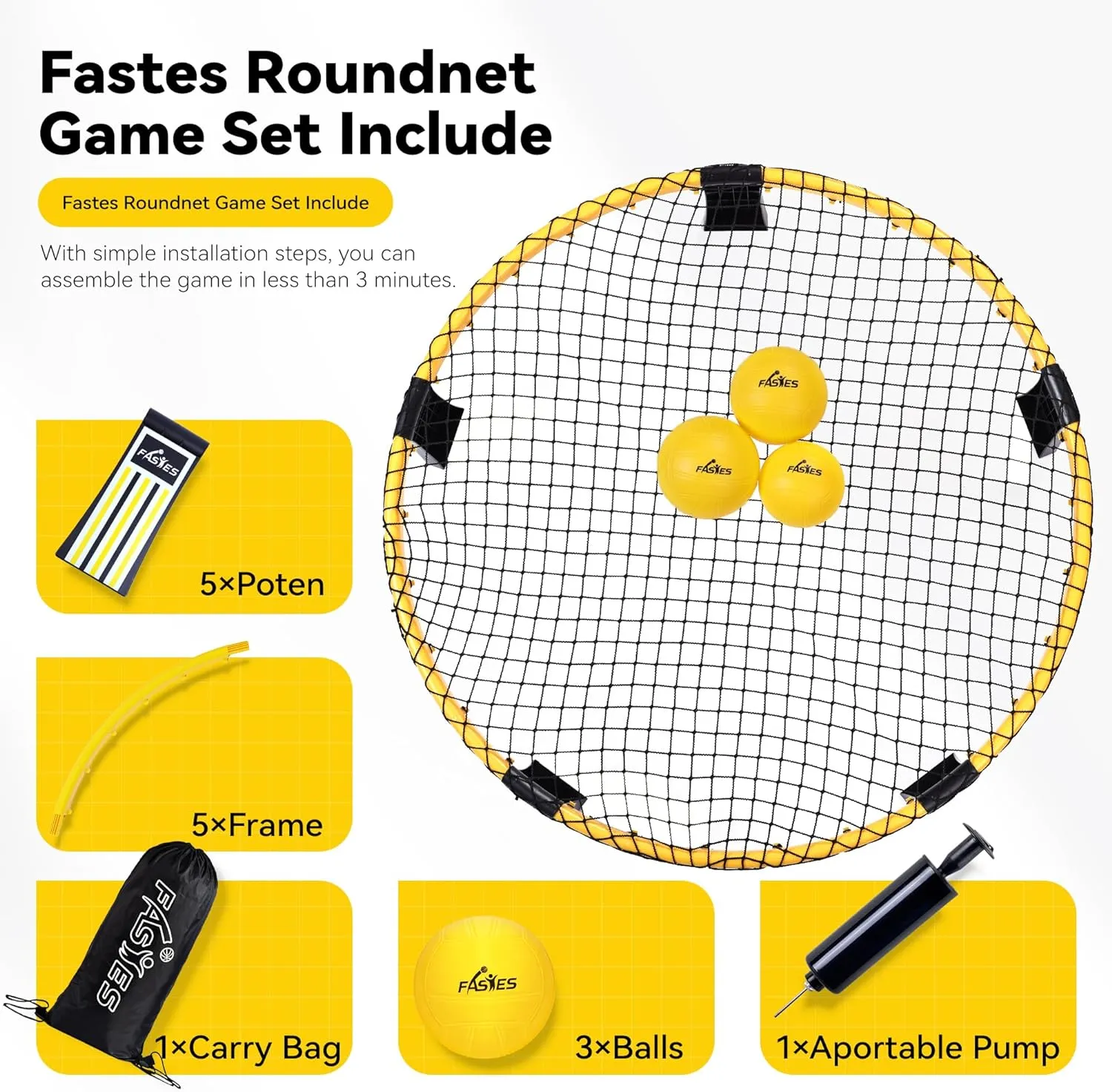 Outdoor Beach Ball Game Includes 3 Balls, Net and Carrying Bag -Roundnet Game Set for Adults, Kids, and Family - Perfect for Beach, Yard, Lawn, Backyard, and Park