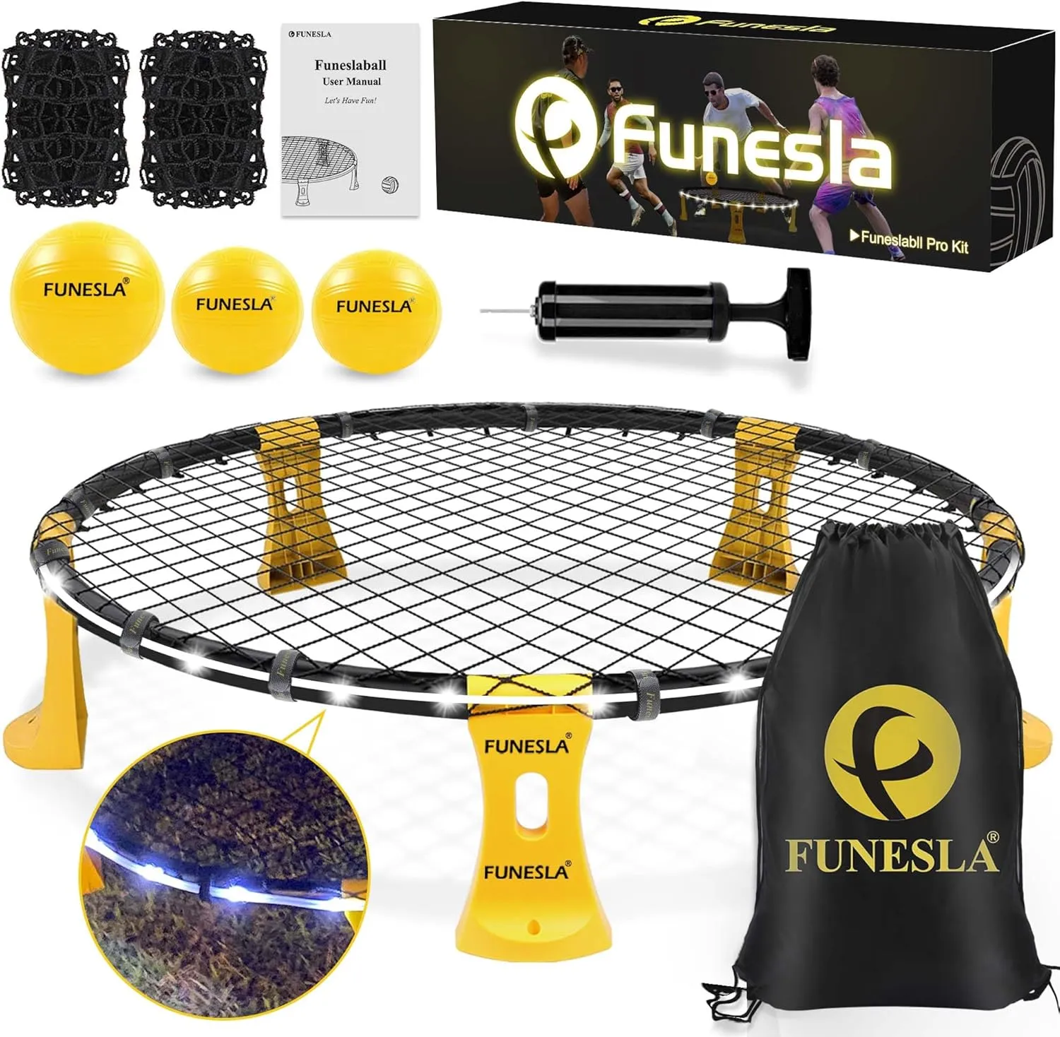 Outdoor Beach Ball Game Set with Light Strip,2 Nets,3 Balls and Carring Case,Roundnet Backyard Garden Game Set for Beginners & Pro Players