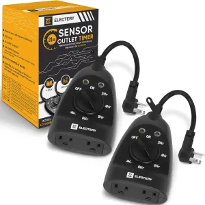 Outdoor Black Timer Outlet, 24 Hour Mechanical Light Sensor Timers Switch Plug in Dusk to Dawn, Waterproof for Pool Pump Home Garden Holiday String Lights, 15A, UL Listed, 2 Pack Grounded Outlets