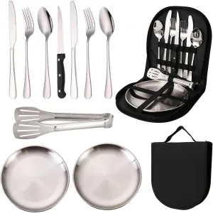 Outdoor stainless steel cutlery set portable travel exposed camping barbecue plate food clip knife, fork spoon