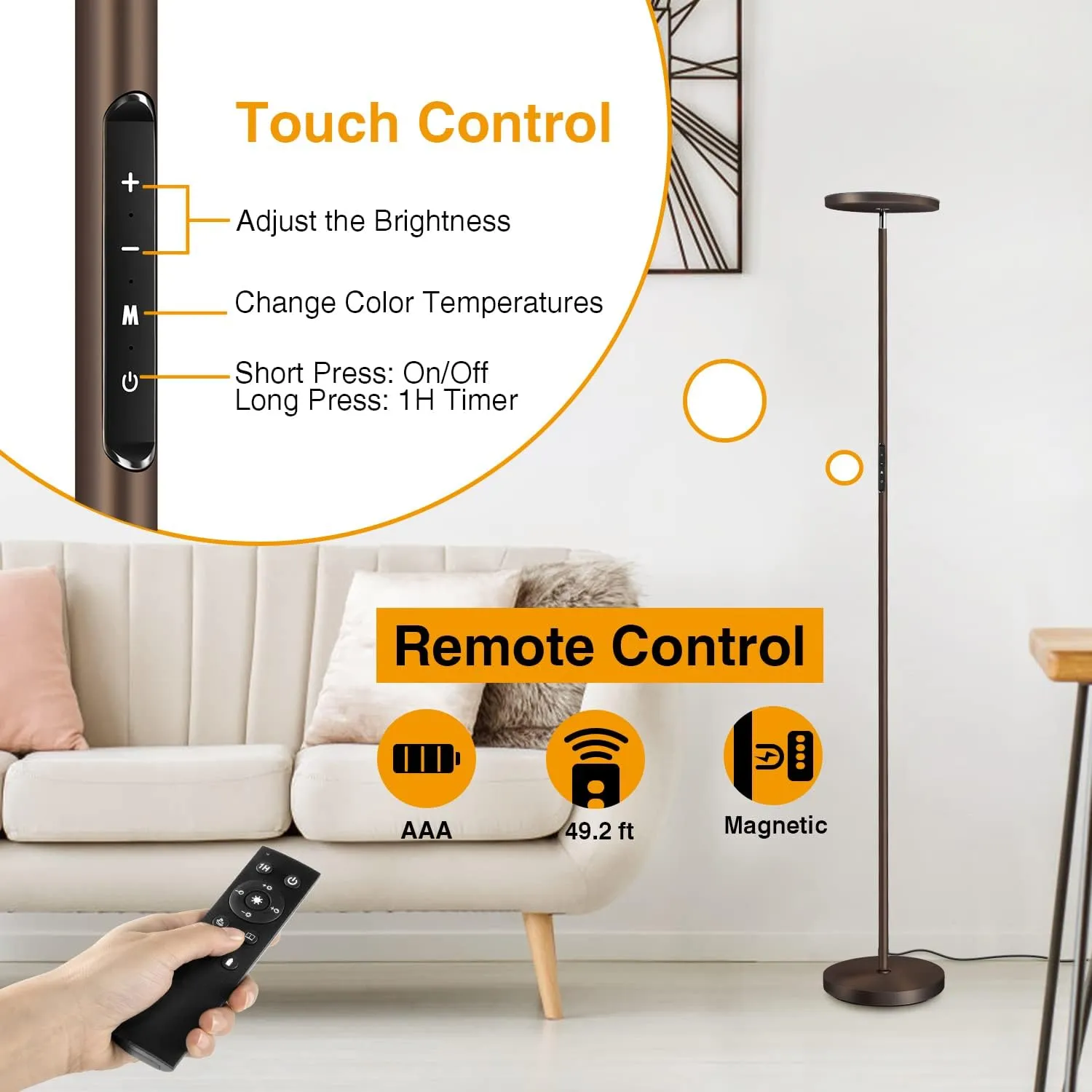 OUTON Floor Lamp, 30W/3000LM LED Modern Torchiere Sky Lamp, Dimmable Bright Standing Tall Lamp with 4 Color Temperatures, 1 Hour Timer, Remote Touch Control for Living Room Bedroom, Office, Bronze