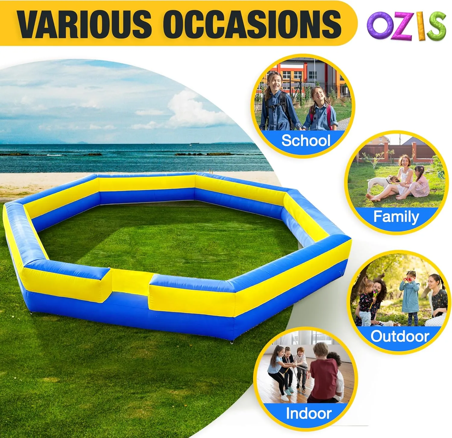 OZIS 15FT Inflatable Gaga Ball Pit with Built-in Blower, Portable Gagaball Court for Indoor/Outdoor Sports, School/Family Activities Easy to Setup (Blue&Yellow)