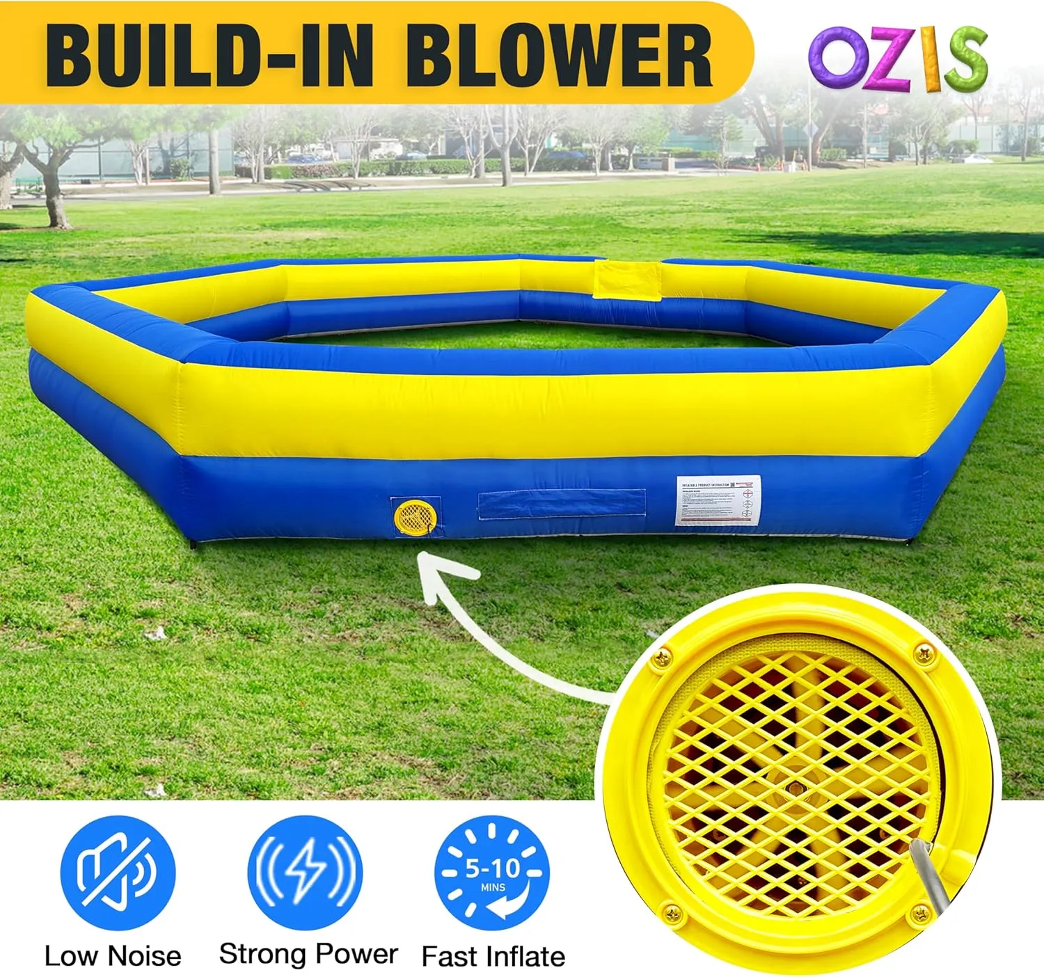 OZIS 15FT Inflatable Gaga Ball Pit with Built-in Blower, Portable Gagaball Court for Indoor/Outdoor Sports, School/Family Activities Easy to Setup (Blue&Yellow)