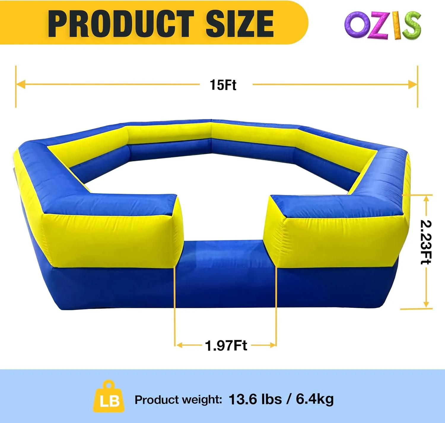 OZIS 15FT Inflatable Gaga Ball Pit with Built-in Blower, Portable Gagaball Court for Indoor/Outdoor Sports, School/Family Activities Easy to Setup (Blue&Yellow)