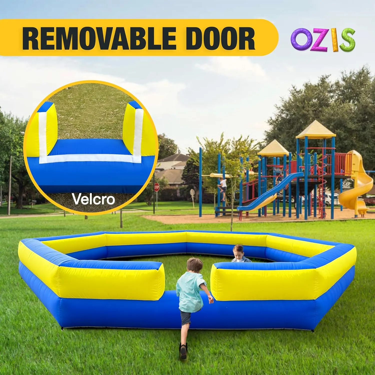 OZIS 15FT Inflatable Gaga Ball Pit with Built-in Blower, Portable Gagaball Court for Indoor/Outdoor Sports, School/Family Activities Easy to Setup (Blue&Yellow)