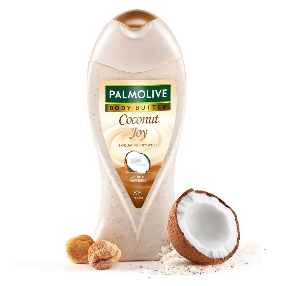 Paalmolive Coconut Joy Body Wash, 250ml Crème Based Exfoliating Body Scrub based Bodywash Bottle, Apricot Seed,Crushed Coconut & Jojoba Butter Extracts For Smooth Skin, PH Balanced Bodywash