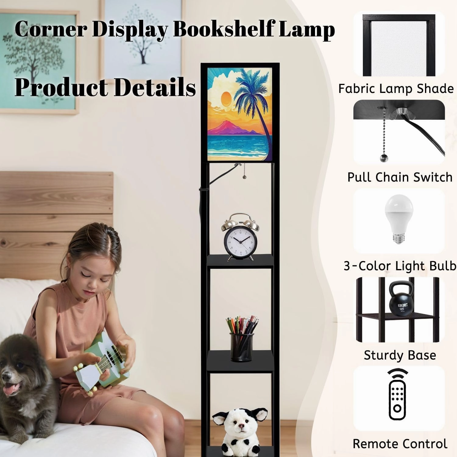 Palm Tree Beach Mountain Floor Lamps with Shelves, Modern Standing Lamp Narrow Corner Display Bookshelf Lamp for Living Room, Bedroom, Office Decor