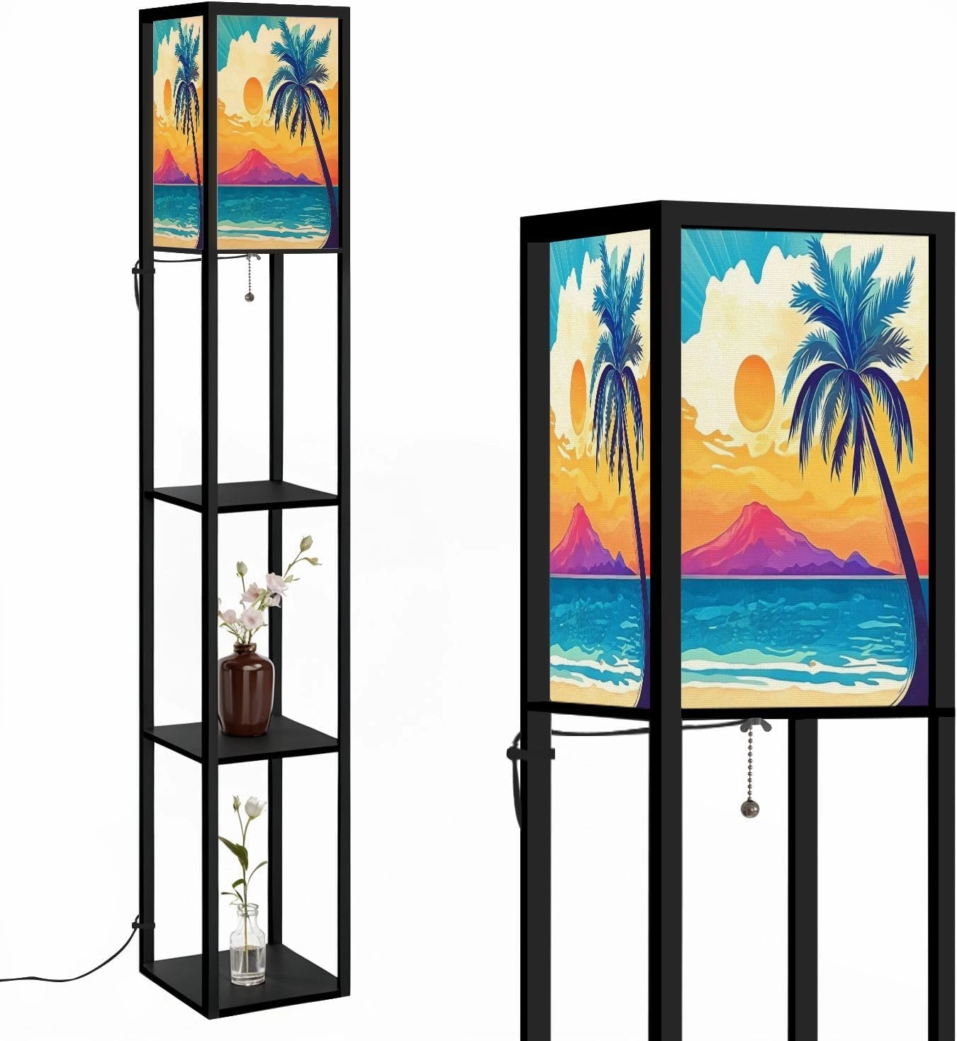 Palm Tree Beach Mountain Floor Lamps with Shelves, Modern Standing Lamp Narrow Corner Display Bookshelf Lamp for Living Room, Bedroom, Office Decor