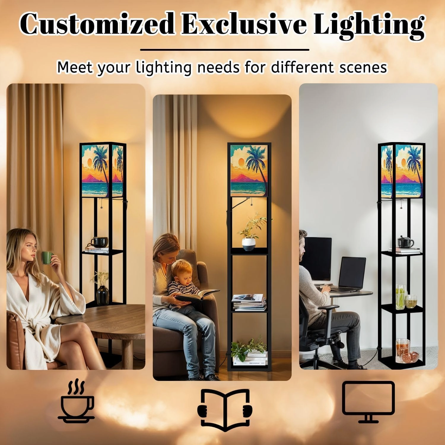 Palm Tree Beach Mountain Floor Lamps with Shelves, Modern Standing Lamp Narrow Corner Display Bookshelf Lamp for Living Room, Bedroom, Office Decor