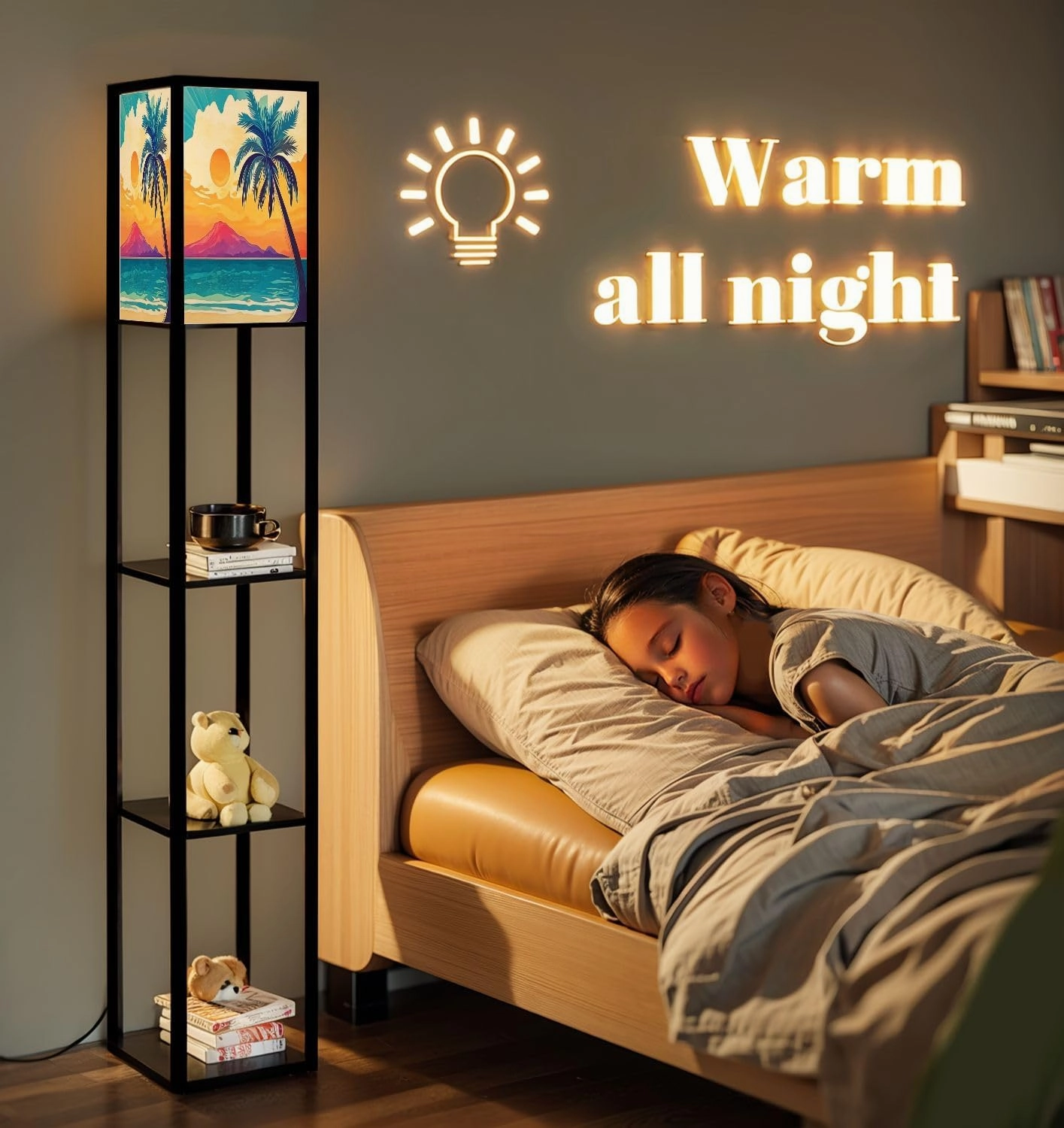Palm Tree Beach Mountain Floor Lamps with Shelves, Modern Standing Lamp Narrow Corner Display Bookshelf Lamp for Living Room, Bedroom, Office Decor