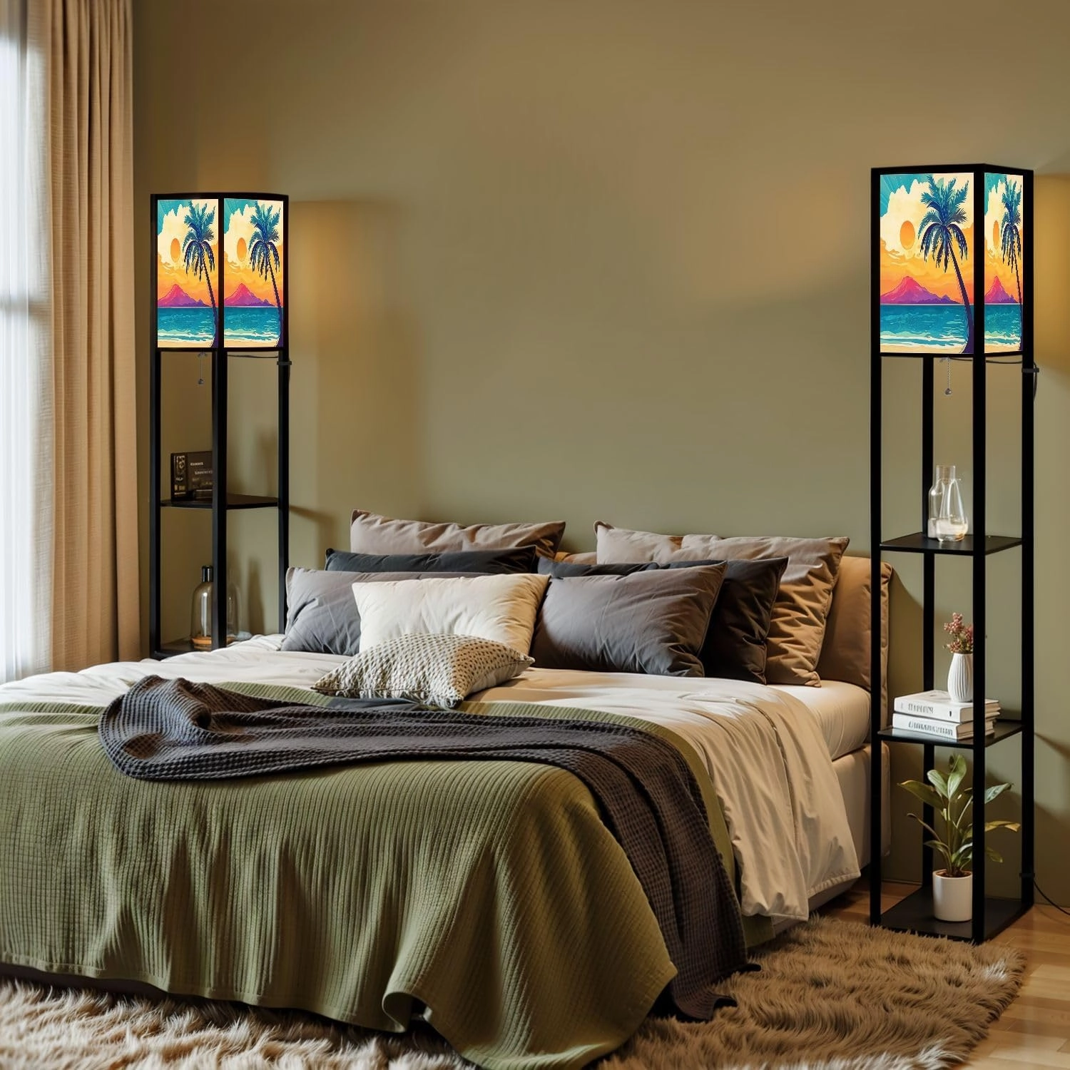 Palm Tree Beach Mountain Floor Lamps with Shelves, Modern Standing Lamp Narrow Corner Display Bookshelf Lamp for Living Room, Bedroom, Office Decor