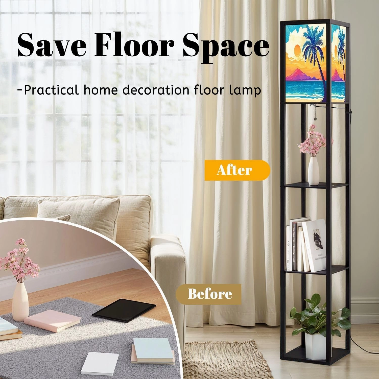 Palm Tree Beach Mountain Floor Lamps with Shelves, Modern Standing Lamp Narrow Corner Display Bookshelf Lamp for Living Room, Bedroom, Office Decor