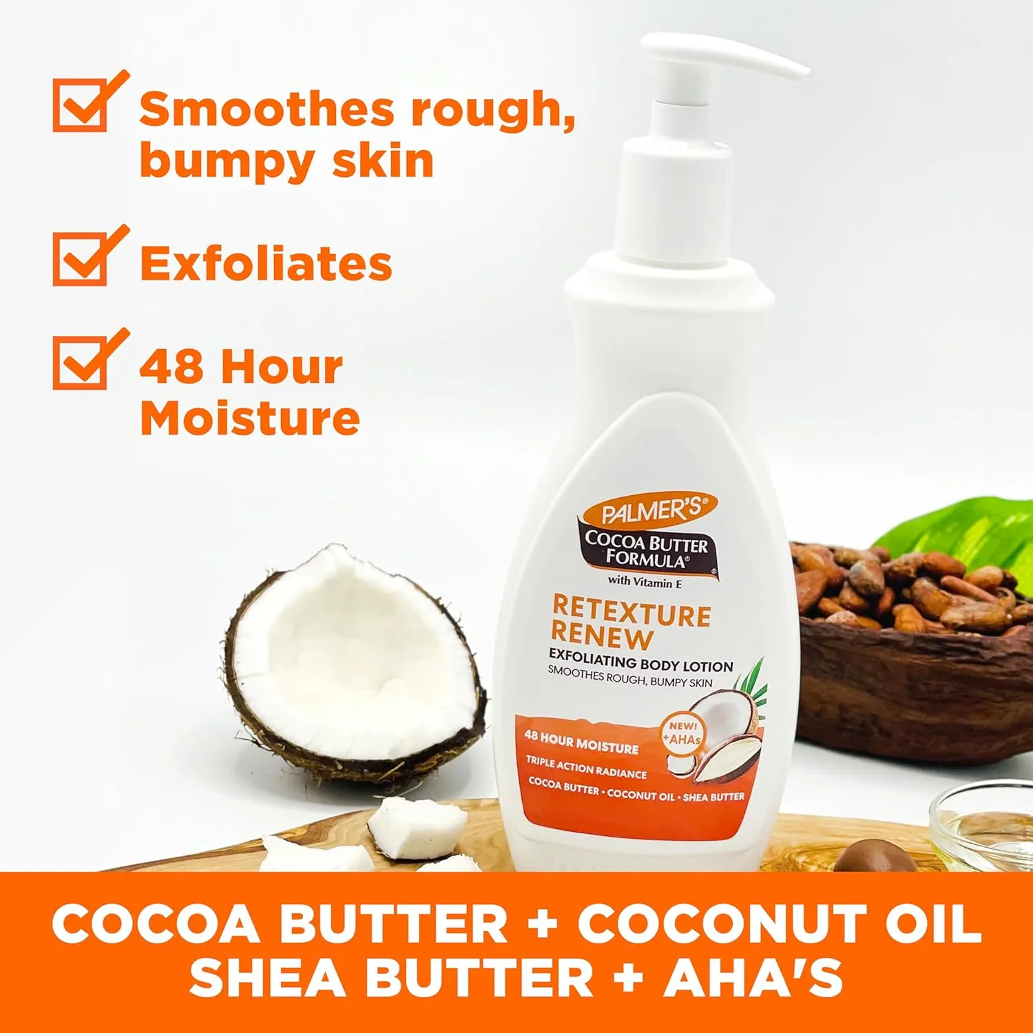 Palmer's Cocoa Butter Formula Retexture & Renew Exfoliating Body Lotion for Rough & Bumpy Skin, Triple Action Moisturizers   AHAs, Pump Bottle, 13.5 Ounce (Pack of 2)